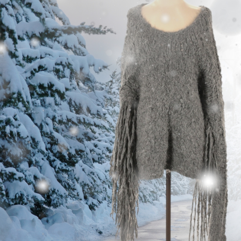 Purim Alpaca Wool Fringe Sleeve Sweater Fuzzy Cozy Long Oversized - Picture 4 of 4